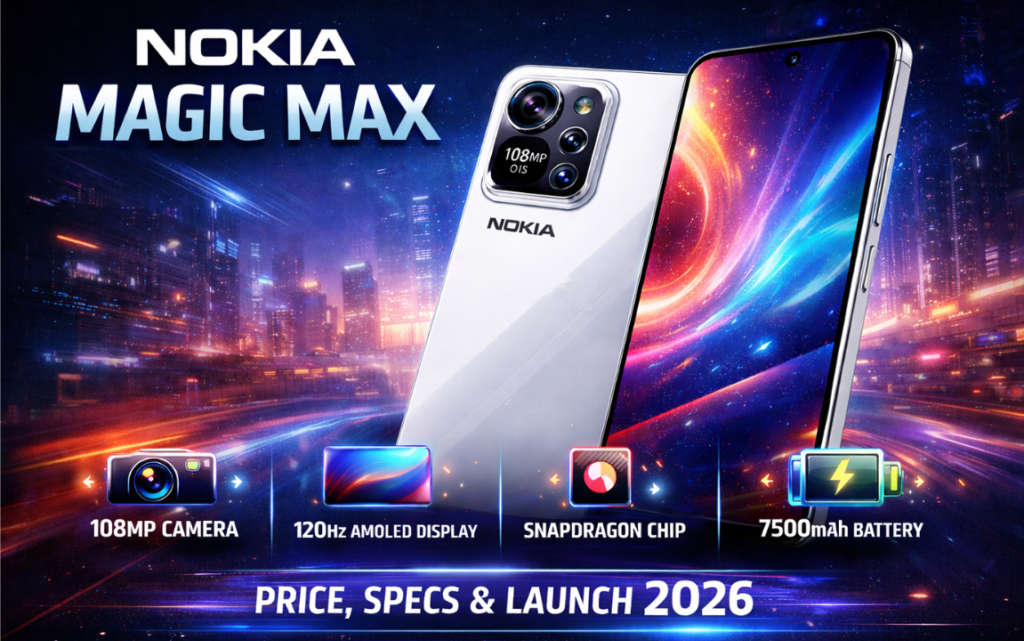 Nokia Magic Max smartphone design showcasing dual-tone body and triple rear camera module.