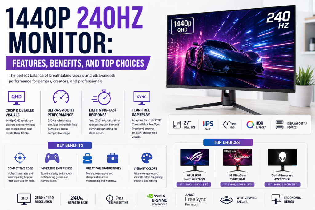 High-performance 1440p 240Hz gaming monitor displaying vibrant visuals with ultra-smooth motion, highlighting features like QHD resolution, fast response time, and adaptive sync technology in a modern setup.