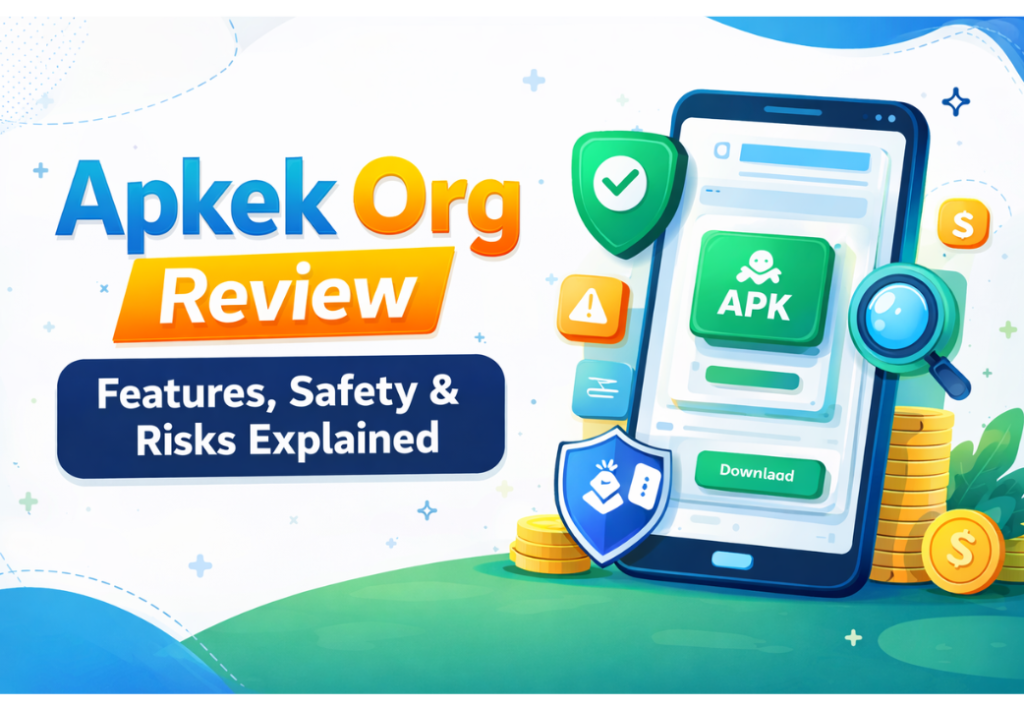 Digital banner for Apkek Org review showing smartphone with APK download button, security icons, coins, and text highlighting features, safety, and risks explained.