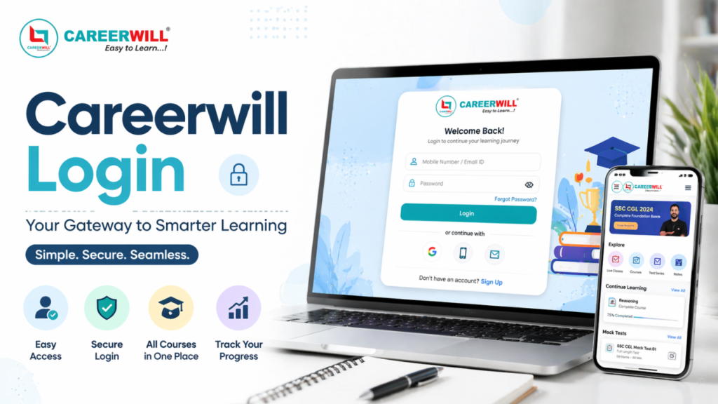 Careerwill Login feature image with app interface on light background.