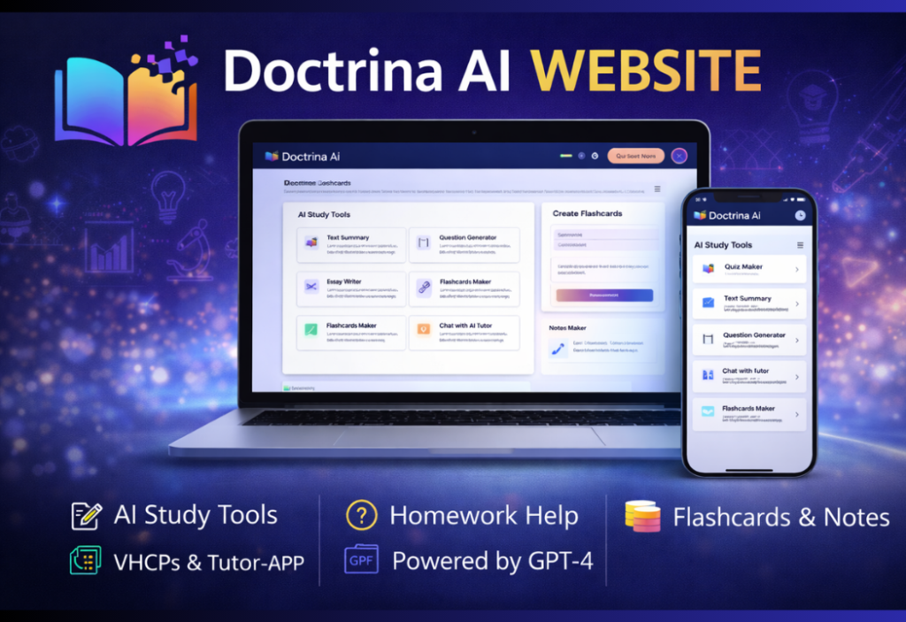 Doctrina AI website feature image showcasing AI study tools on laptop and mobile interface.