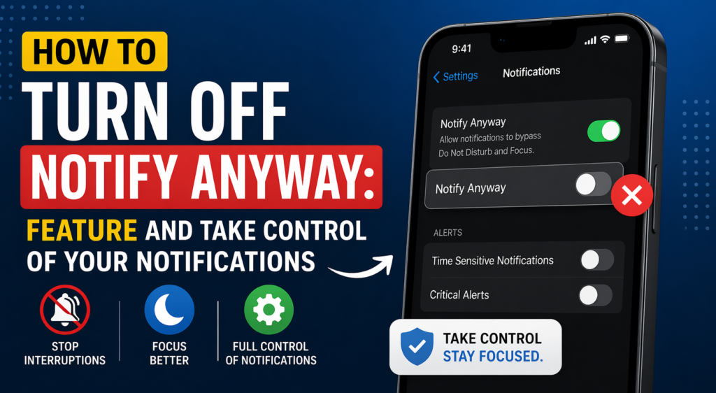 “Notify Anyway” option turned off, alongside bold text reading “How to Turn Off Notify Anyway” and icons representing focus mode, notifications control, and stopping interruptions.