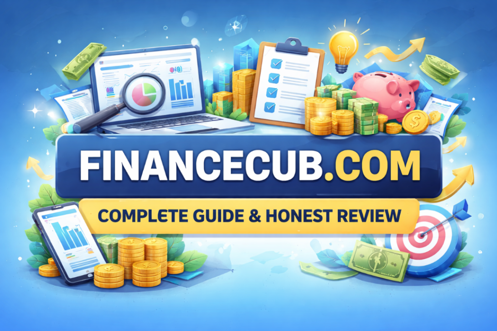 Financecub com feature image showing financial tools, budgeting charts, and online earning concepts with complete guide and review text