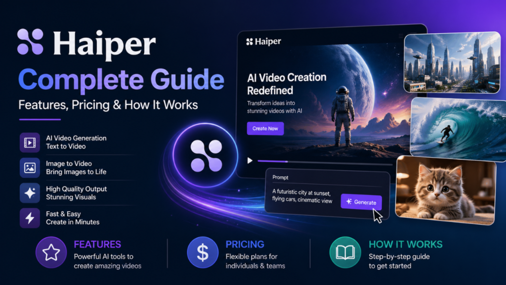 Haiper AI complete guide feature image showing AI video creation interface, text-to-video tools, features, pricing overview, and how it works in a modern digital design banner.