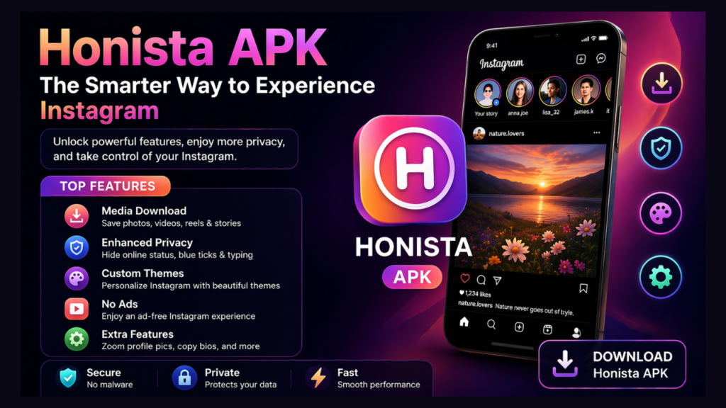 Honista APK feature banner with app interface and key tools on a clean gradient background.