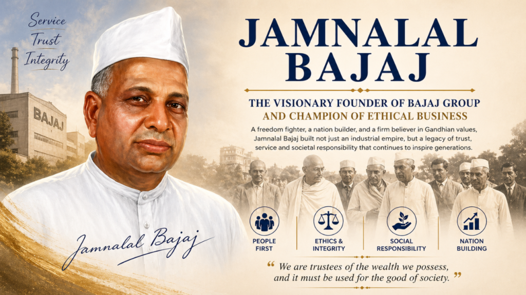 Portrait of Jamnalal Bajaj with text highlighting him as Bajaj Group founder and champion of ethical business.