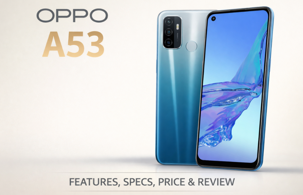 OPPO A53 smartphone showcased with front and back view on a subtle beige gradient background, highlighting its punch-hole display, triple-camera setup, and sleek blue finish.