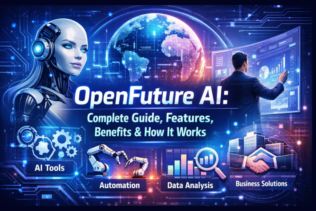 Futuristic OpenFuture AI concept image showing AI robot, global data network, automation tools, and business analytics dashboard.