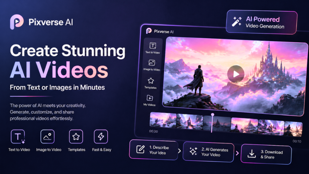 Pixverse AI feature image showing a futuristic interface for creating AI videos from text and images with a dark neon gradient background and video preview panel