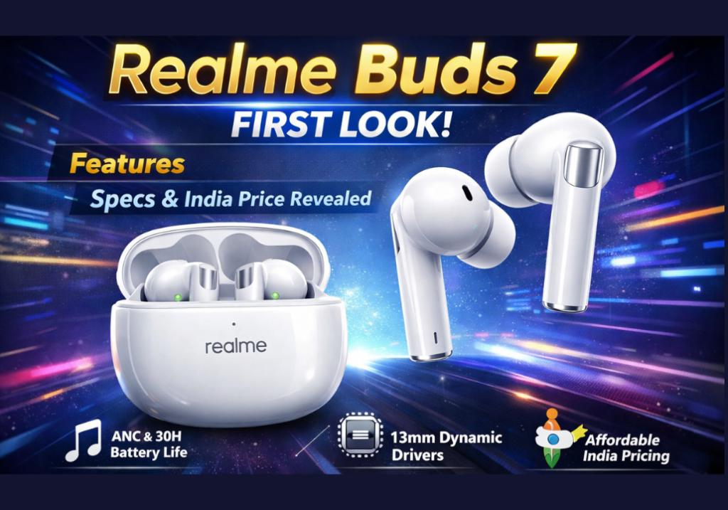 Realme Buds 7 earbuds and charging case on a futuristic tech background highlighting features, specs, ANC, 30-hour battery, 13mm drivers, and India price.