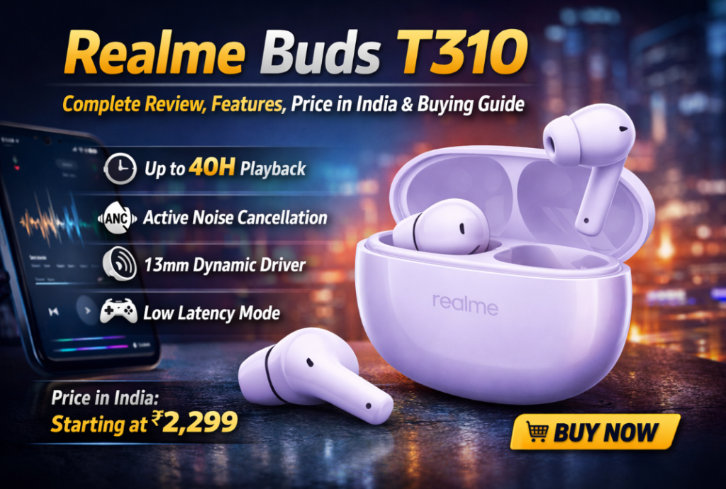 Realme Buds T310 wireless earbuds with charging case showing features and price in India.