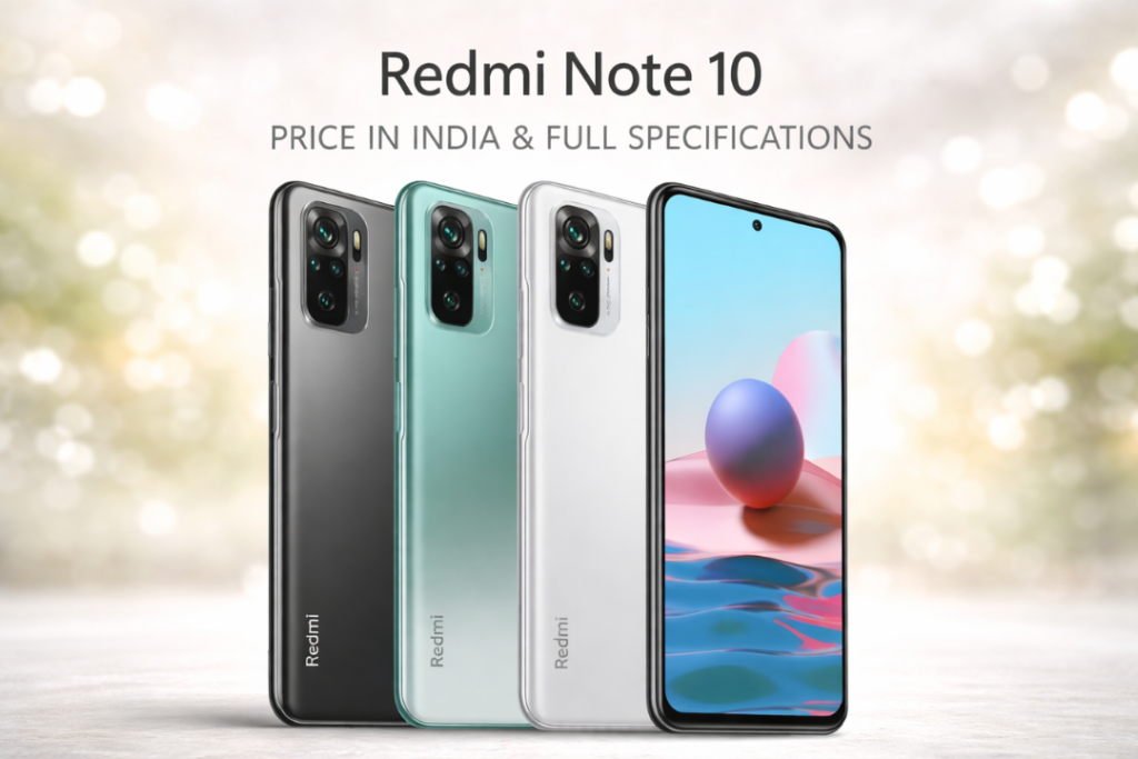 Redmi Note 10 price in India feature image showing product display with different color options on a clean background.