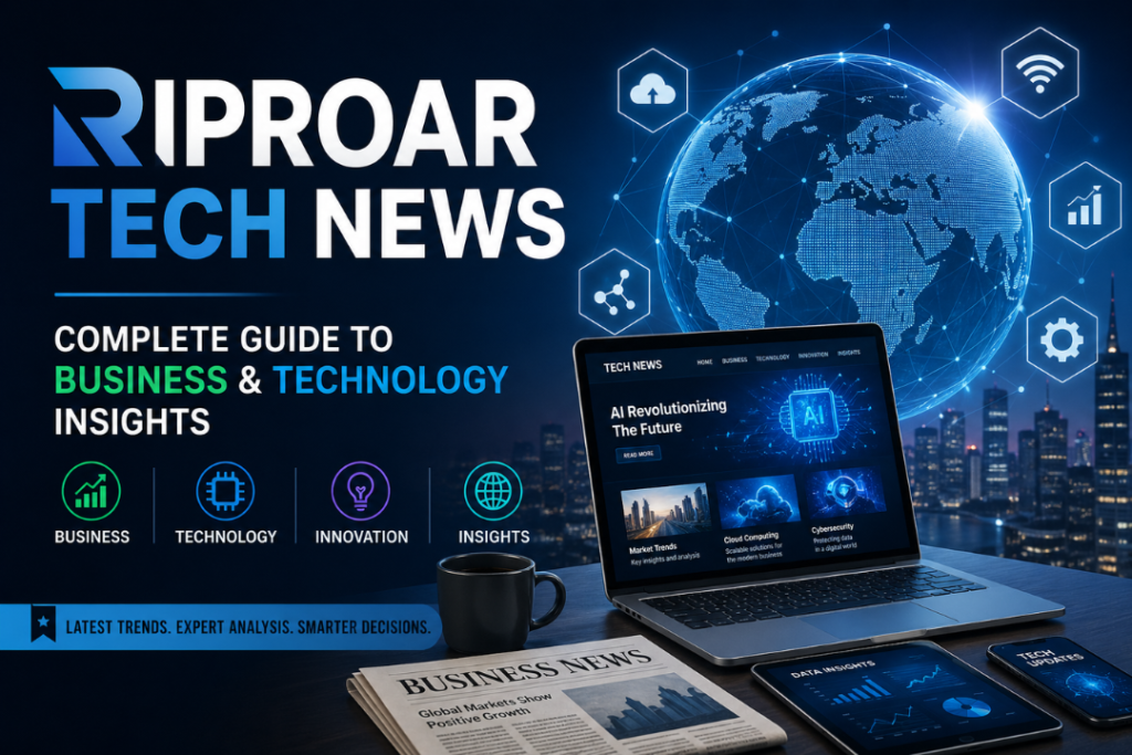 Riproar Tech News banner showing laptop with AI tech dashboard, digital globe, business newspaper, and city skyline representing business and technology insights.