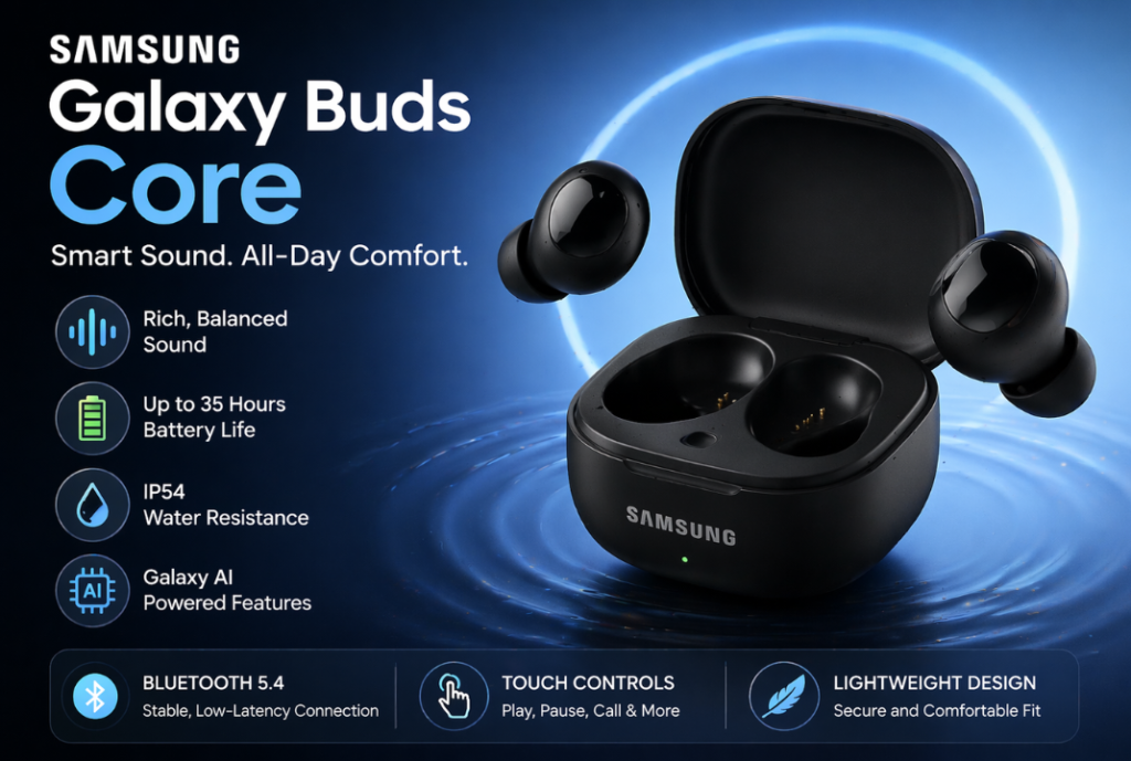Samsung Galaxy Buds Core feature image showing earbuds and charging case with key specifications.