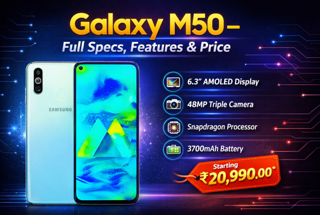Galaxy M50 to buy feature image showing Samsung Galaxy M50 smartphone with AMOLED display, triple camera, key specs highlights, and price ₹20,990 on a modern tech background