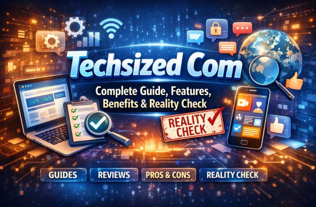 Techsized com complete guide illustration showing website analysis, features, benefits, and reality check concept with digital devices