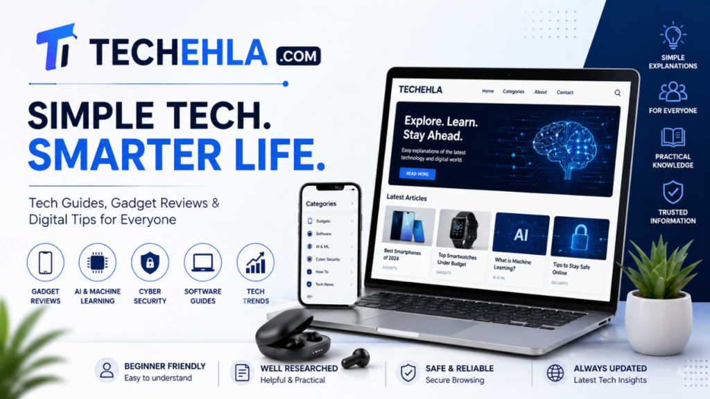 Modern Techehla Com banner showing laptop, smartphone, tech icons, gadget reviews, AI guides, cybersecurity tips, and beginner-friendly technology content in blue themed design.
