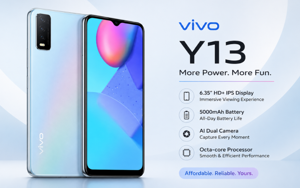 Vivo Y13 price with subtle gradient background showing front display and rear camera design in a clean promotional layout