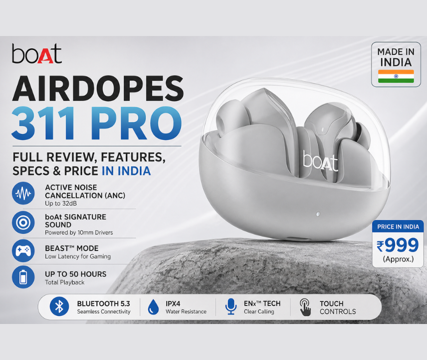 boAt Airdopes 311 Pro wireless earbuds in white charging case with feature highlights and ₹999 price in India banner