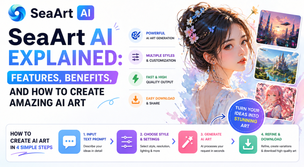 SeaArt AI, featuring a clean pastel background, an illustrated female digital art character, and a step-by-step guide highlighting how to create AI-generated artwork with features like text prompts, style selection, fast generation, and easy download options.