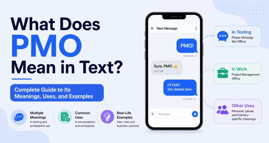 PMO abbreviation with example messages on a phone screen and visual elements representing texting and business contexts.