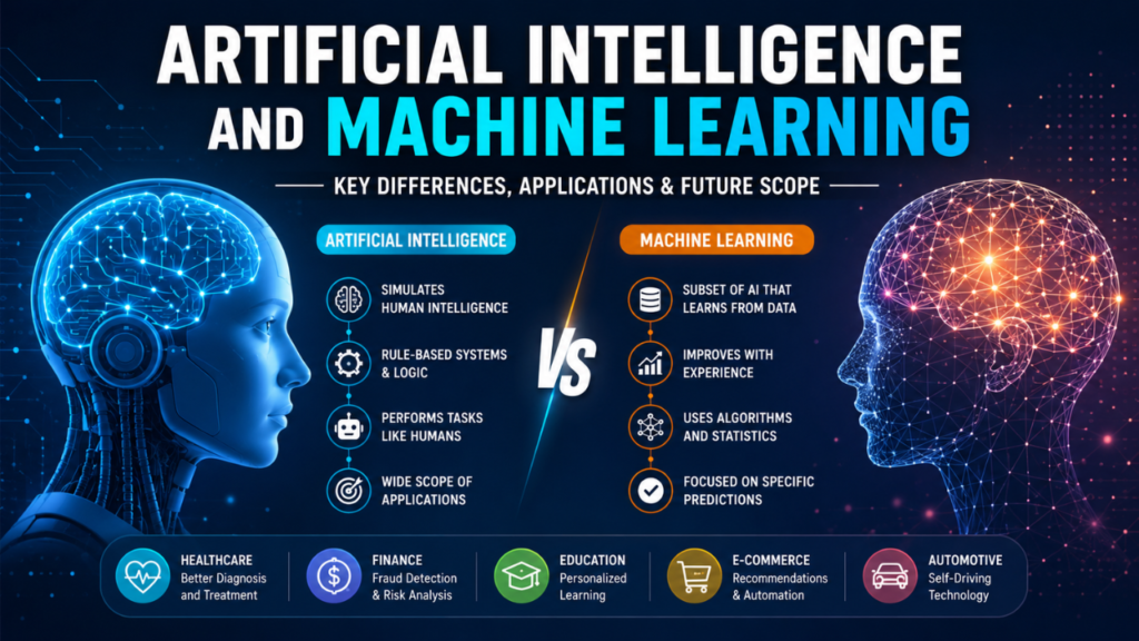 Artificial Intelligence and Machine Learning comparison banner showing AI robot, digital brain, future applications, benefits, and technology concepts in a futuristic blue theme
