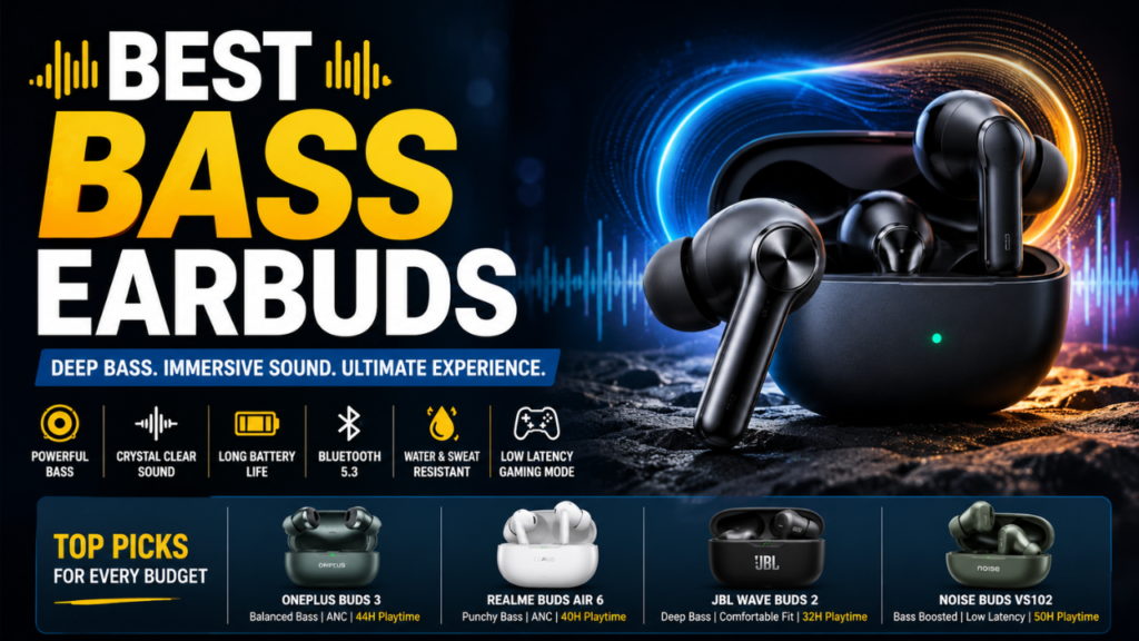 Best bass earbuds feature image showing wireless earbuds with deep bass sound, ANC, gaming mode, long battery life, and top earbud picks in a futuristic audio-themed background.
