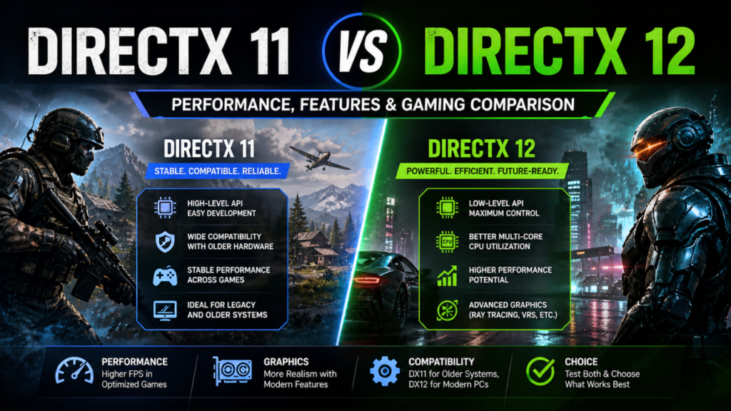 Infographic comparing DirectX 11 vs 12 showing performance, features, compatibility, and gaming benefits with split blue and green design and futuristic gaming visuals.