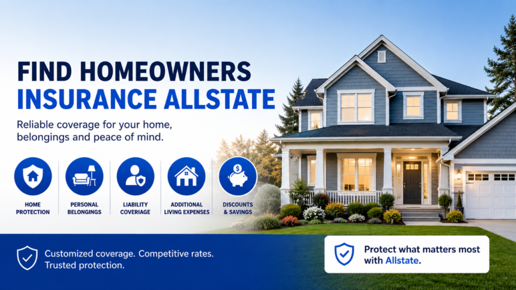 Homeowners insurance banner featuring a modern house with coverage benefits, savings options, and home protection information.