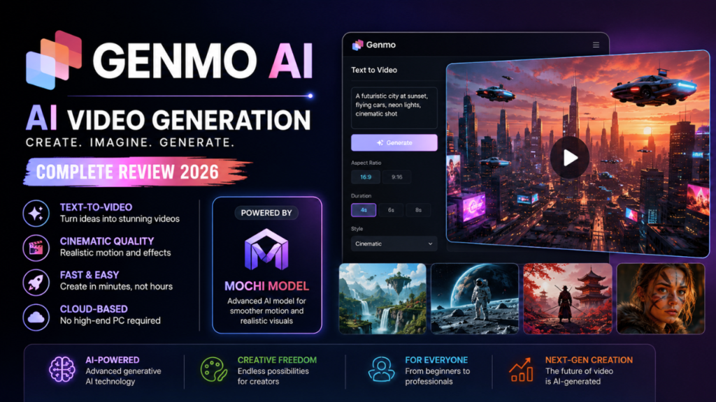 Genmo AI feature image showing AI video generation interface, Mochi model, cinematic visuals, text-to-video creation tools, and futuristic digital content design for 2026.