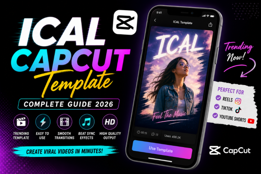 ICAL CapCut template feature image showing neon-style video editing interface with smartphone preview, trending effects, and social media video creation elements