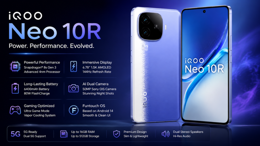 IQOO Neo 10R feature image showing specifications, gaming performance, AMOLED display, and camera features