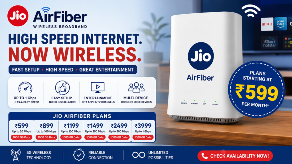 Jio AirFiber price feature image showcasing high-speed wireless broadband plans, internet speed, and OTT benefits