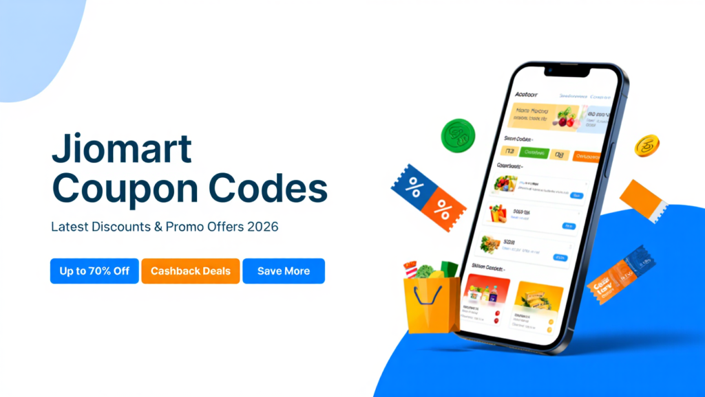 Jiomart coupon codes banner with app interface, discount offers, cashback deals, and shopping icons.
