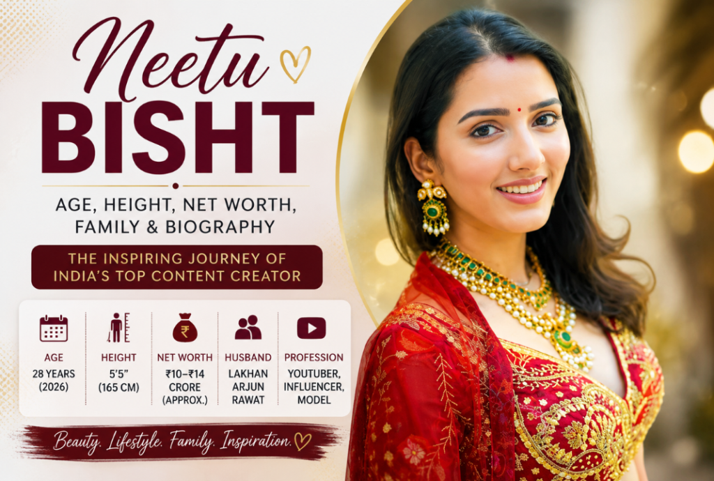 Feature image of Neetu Bisht in a vibrant traditional outfit on a clean background, highlighting her biography, age, height, net worth, and social media journey.