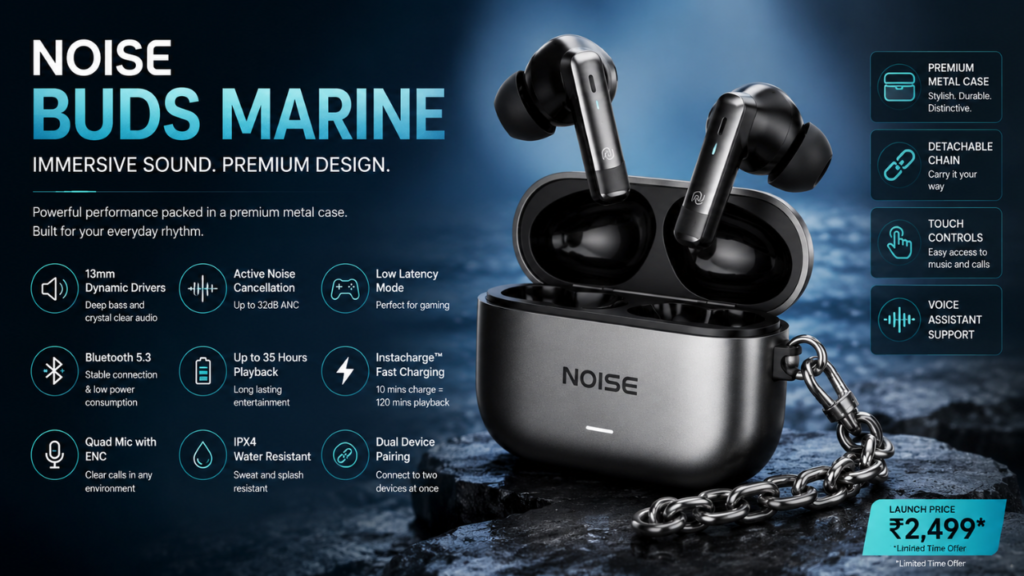 Noise Buds Marine promotional banner highlighting sound quality, Bluetooth connectivity, and gaming mode