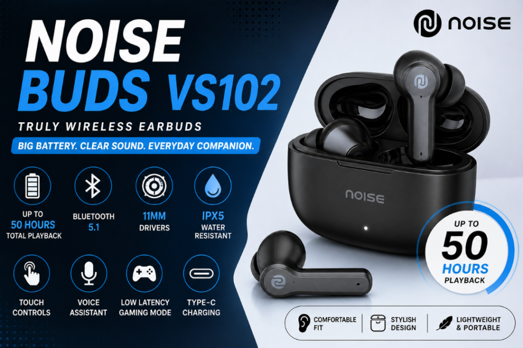 Noise Buds VS102 earbuds with case showing 50-hour playback, Bluetooth 5.1, 11mm drivers, and IPX5 rating