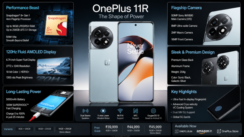 OnePlus 11R feature image showcasing premium design, Snapdragon 8+ Gen 1 processor, AMOLED display, flagship camera, battery performance, and price details in a sleek infographic layout.