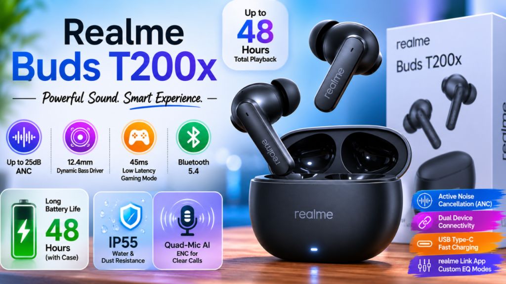 Realme Buds T200x feature image showcasing wireless earbuds with ANC, 48-hour battery life, Bluetooth 5.4, gaming mode, and premium audio features.