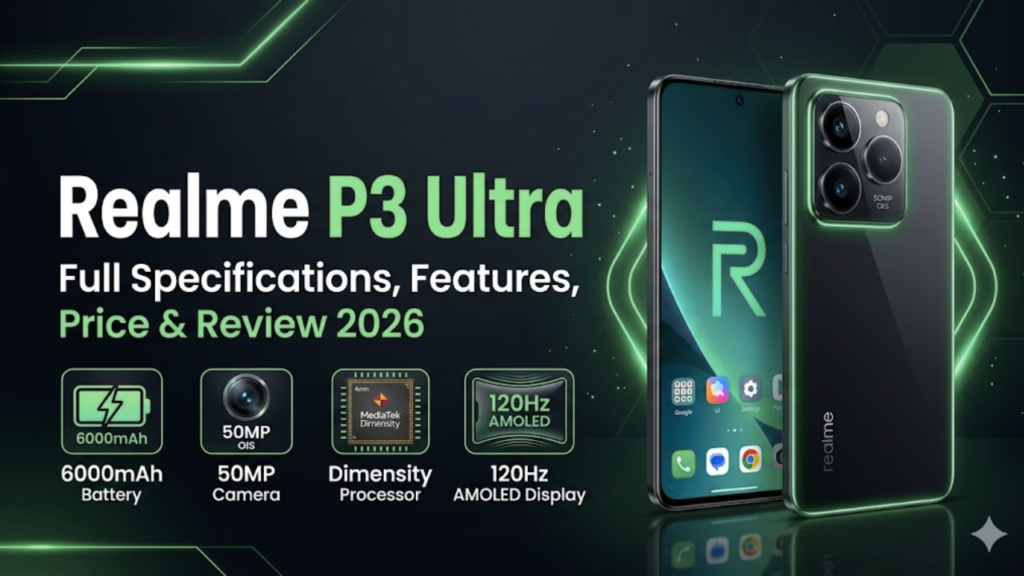 Premium Realme P3 Ultra feature image with a dark gradient and neon green theme, showcasing the phone's design alongside its key features: 6000mAh battery, 50MP OIS camera, and Dimensity chipset.