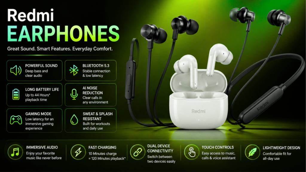 Redmi Earphones feature image showing wireless earbuds, neckband earphones, and advanced audio features