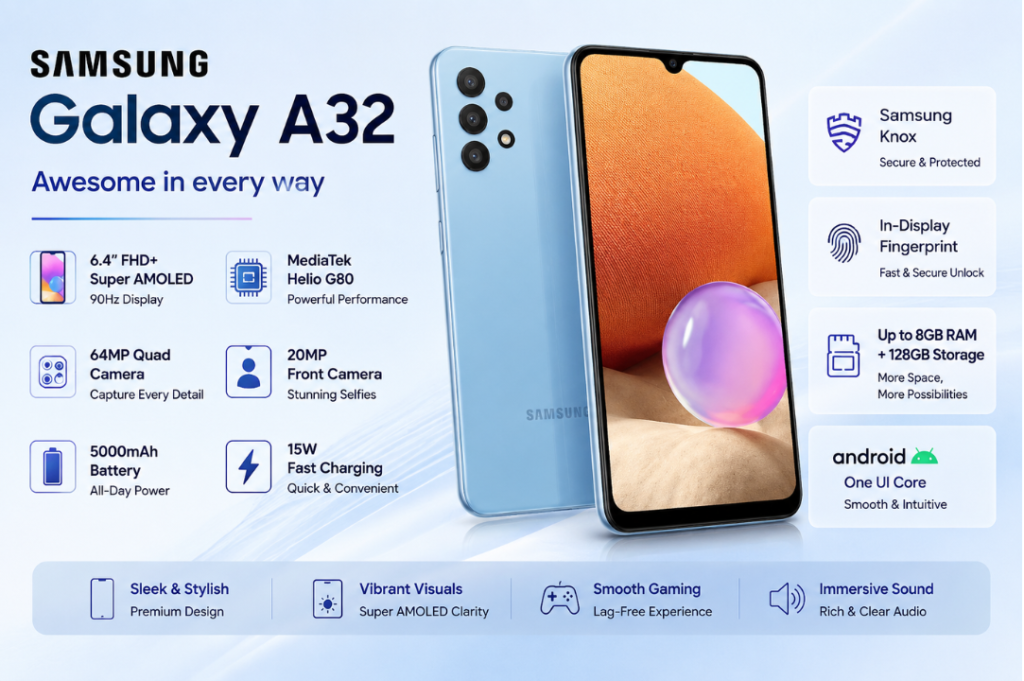 Samsung A32 price in India feature image showcasing Super AMOLED display, quad camera setup, MediaTek Helio G80 processor, 5000mAh battery, and stylish blue design