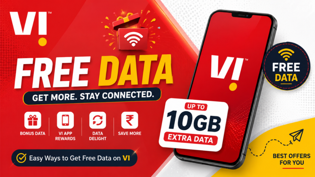 VI free data feature image showing bonus internet offers, VI app rewards, Data Delight benefits, and up to 10GB extra data promotion.