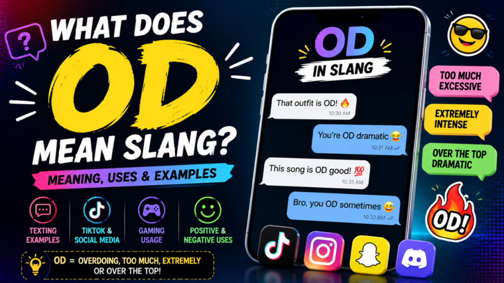 What does OD mean slang infographic with TikTok, Snapchat, and gaming examples