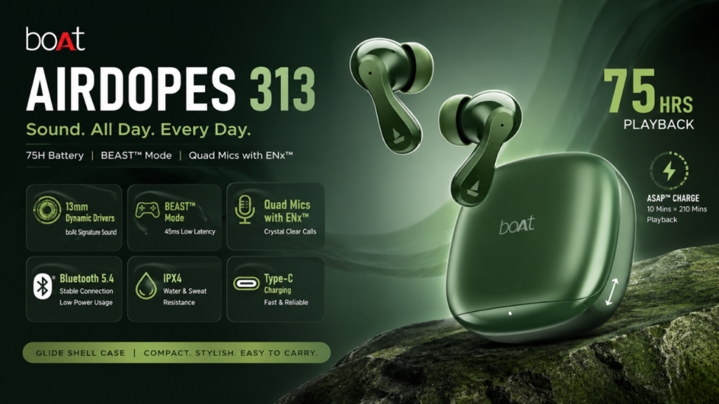 boAt Airdopes 313 feature image showcasing wireless earbuds with 75-hour battery life and gaming mode