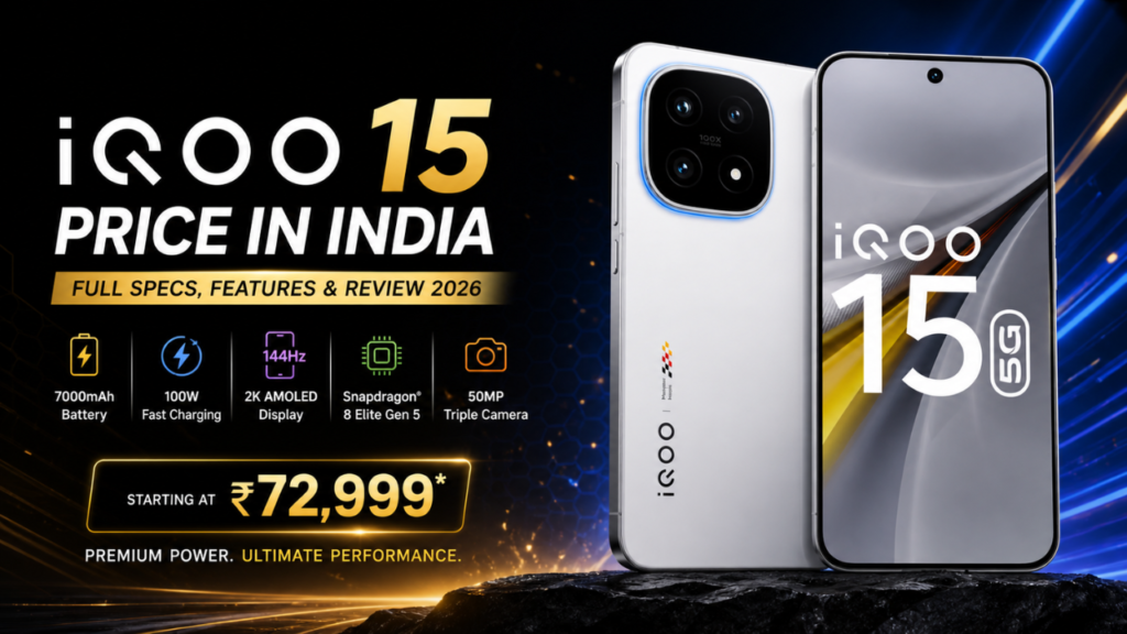 Premium iQOO 15 feature image showcasing iQOO 15 price in India with dark neon background, highlighting 7000mAh battery, 144Hz display, and flagship performance