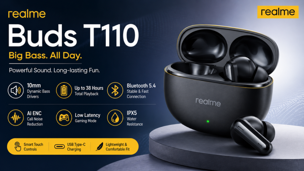 realme T110 wireless earbuds feature image showcasing deep bass sound, AI ENC noise cancellation, low latency gaming mode, long battery life, and stylish modern design.