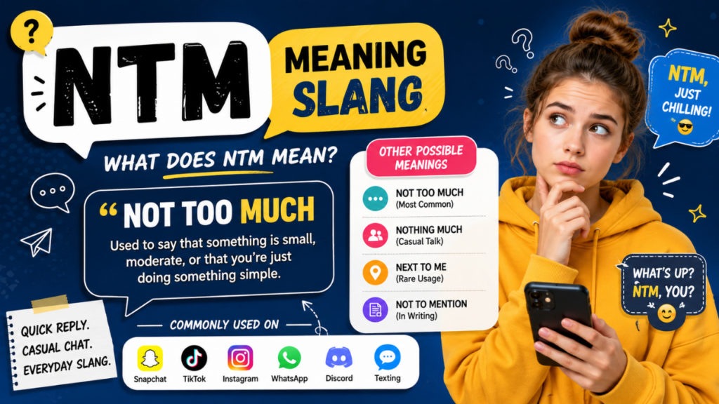 NTM meaning slang infographic showing "Not Too Much" meaning and social media usage.