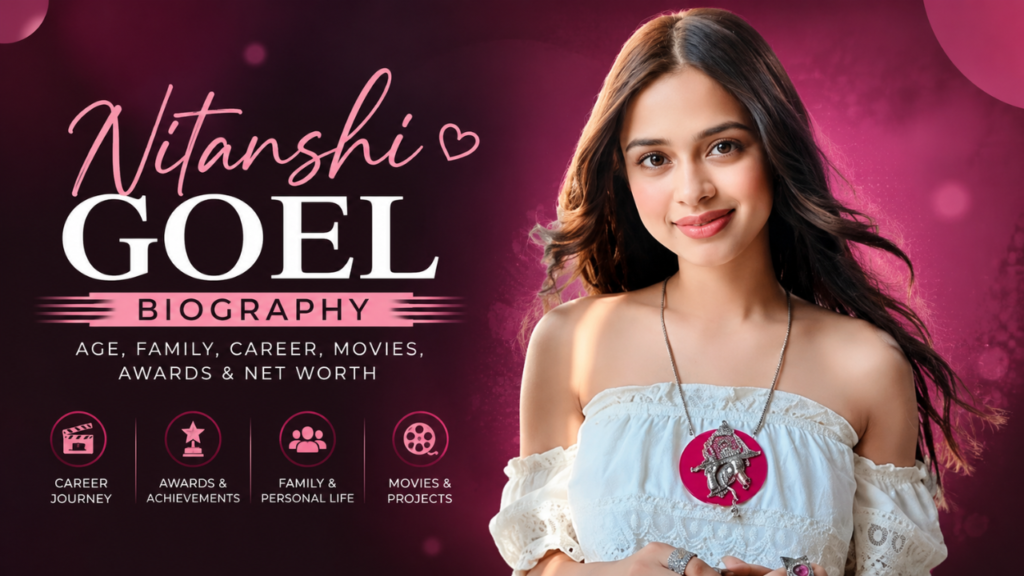 Nitanshi Goel biography banner featuring the young actress with details about Nitanshi Goel age, family, career, movies, awards, and achievements on a pink-themed background.