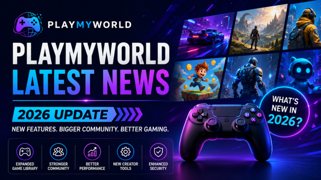 PlayMyWorld Latest News 2026 banner featuring a gaming controller, browser-based game visuals, and highlights of new features, community updates, and platform improvements.